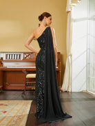 Formal Draped One Shoulder Sequin Black Evening Dress RH30539