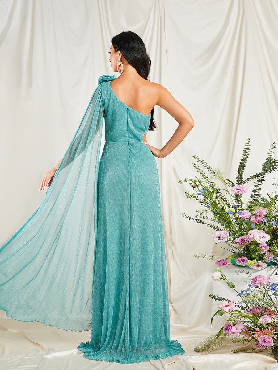 One Shoulder Appliqued Tulle Blue Prom Dress