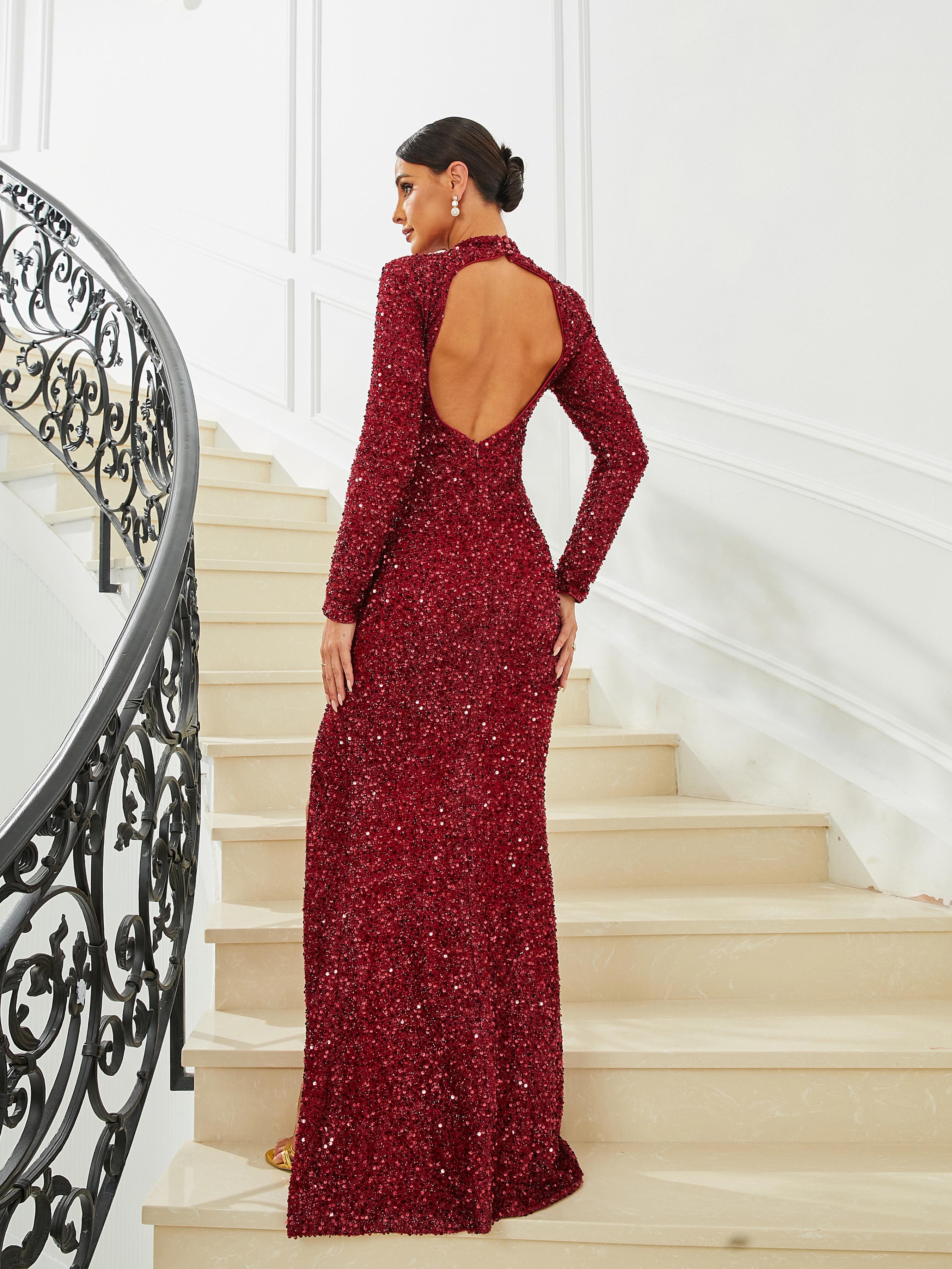 Stand Collar Cutout Burgundy Sequin Prom Dress RJ10554 MISS ORD