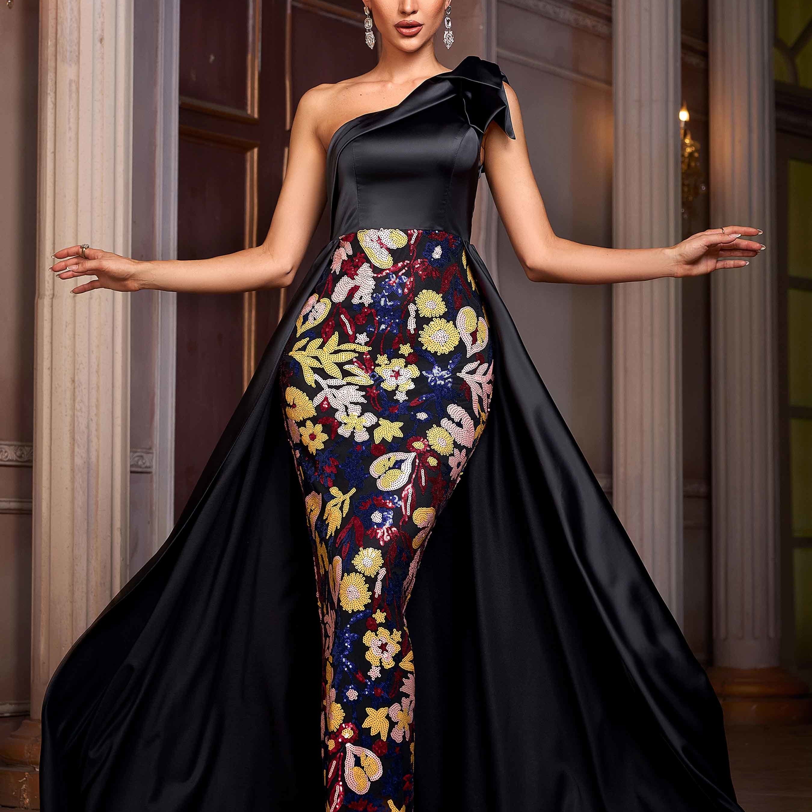 Black Sequin Floral Cape Prom Dress GM01051 MISS ORD Black Sequin Floral Cape Prom Dress GM01051 MISS ORD