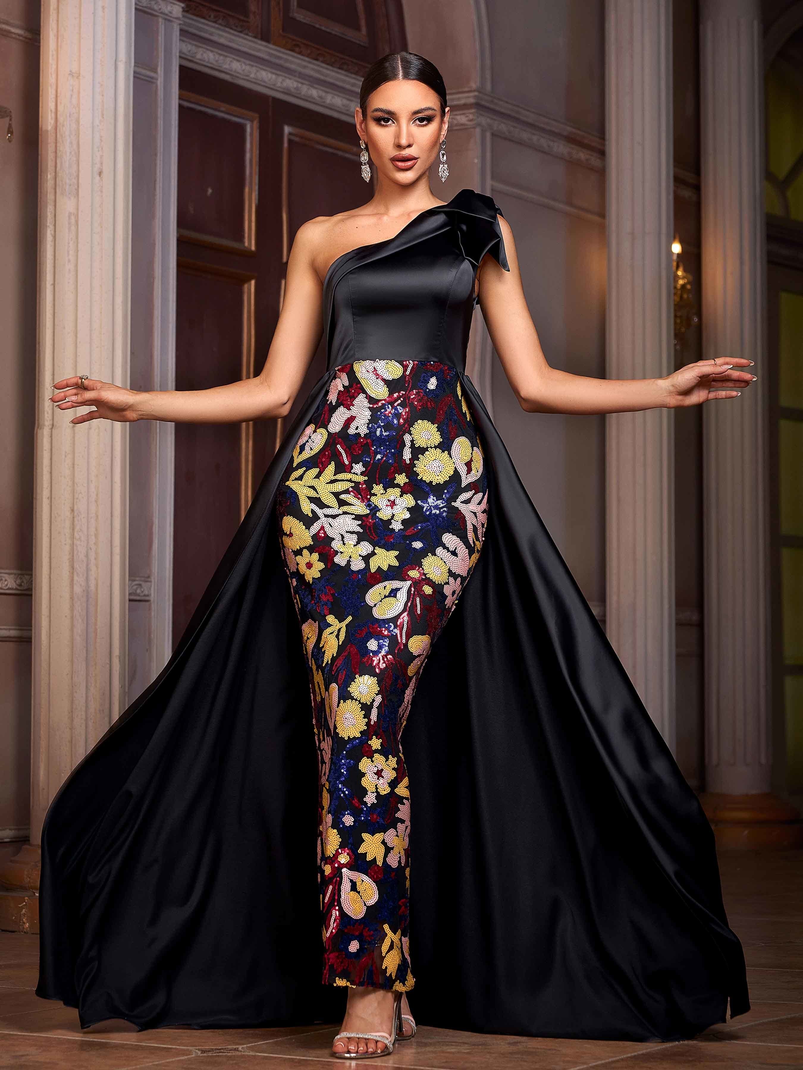 Black Sequin Floral Cape Prom Dress GM01051 Black Sequin Floral Cape Prom Dress GM01051