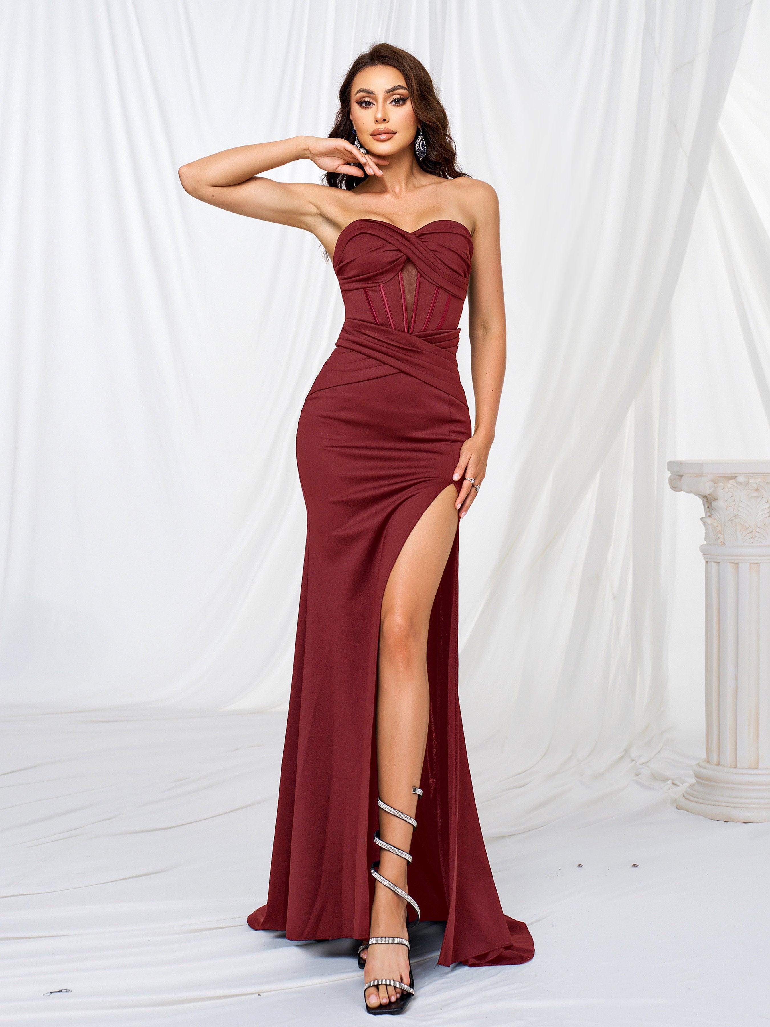 Corset Strapless Split Plain Maxi Dress GM90016 - MISS ORD