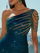 One Shoulder Beaded Sleeve Gradient Sequin Prom Dress M01599