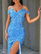 Cold Shoulder Blue Sequin Evening Dress RH30580