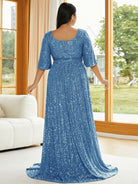 Plus Size V Neck Sequin Apricot Evening Dress PXJ2647