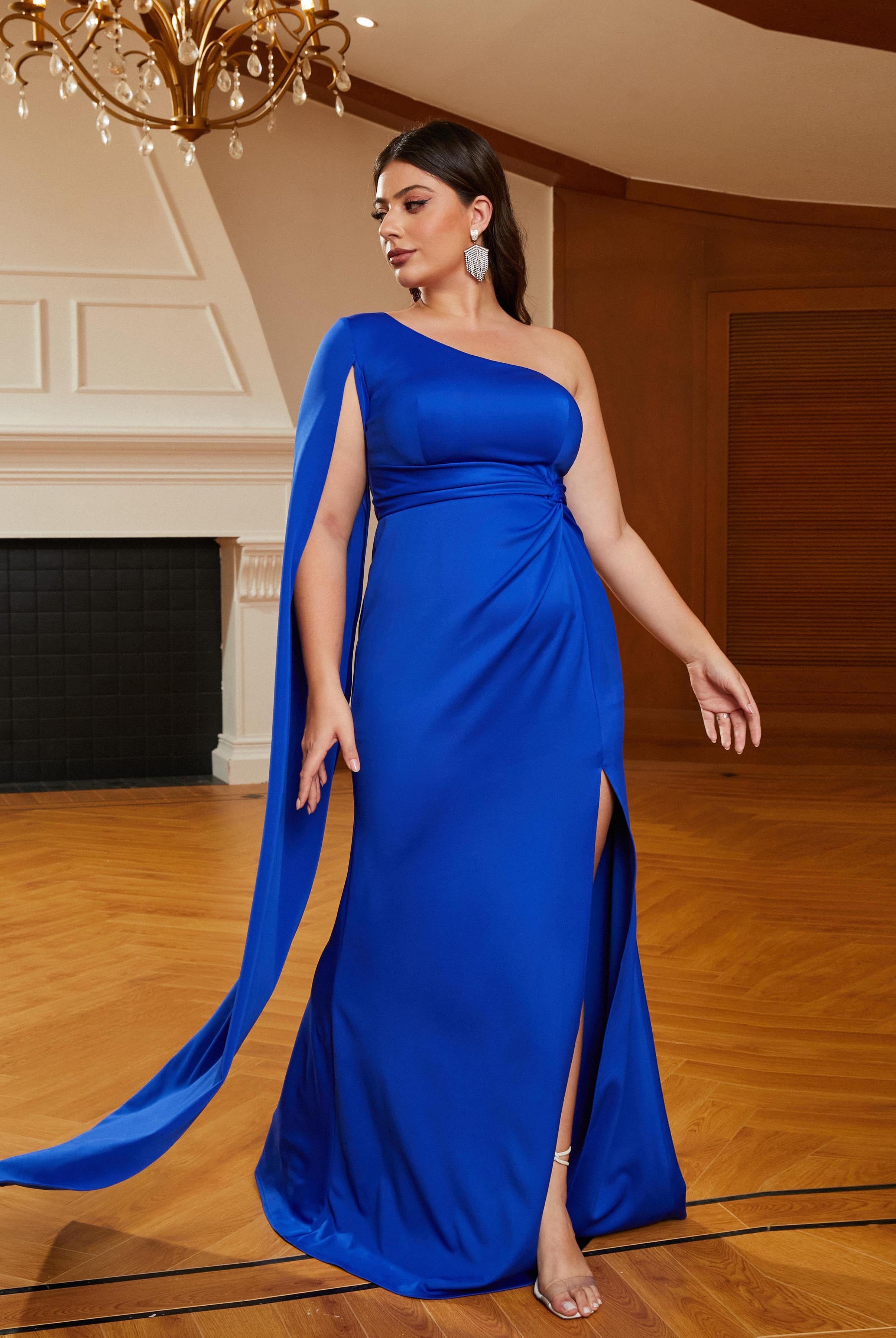 MISSORD Plus Size Knit One Shoulder High Split Blue Prom Dress