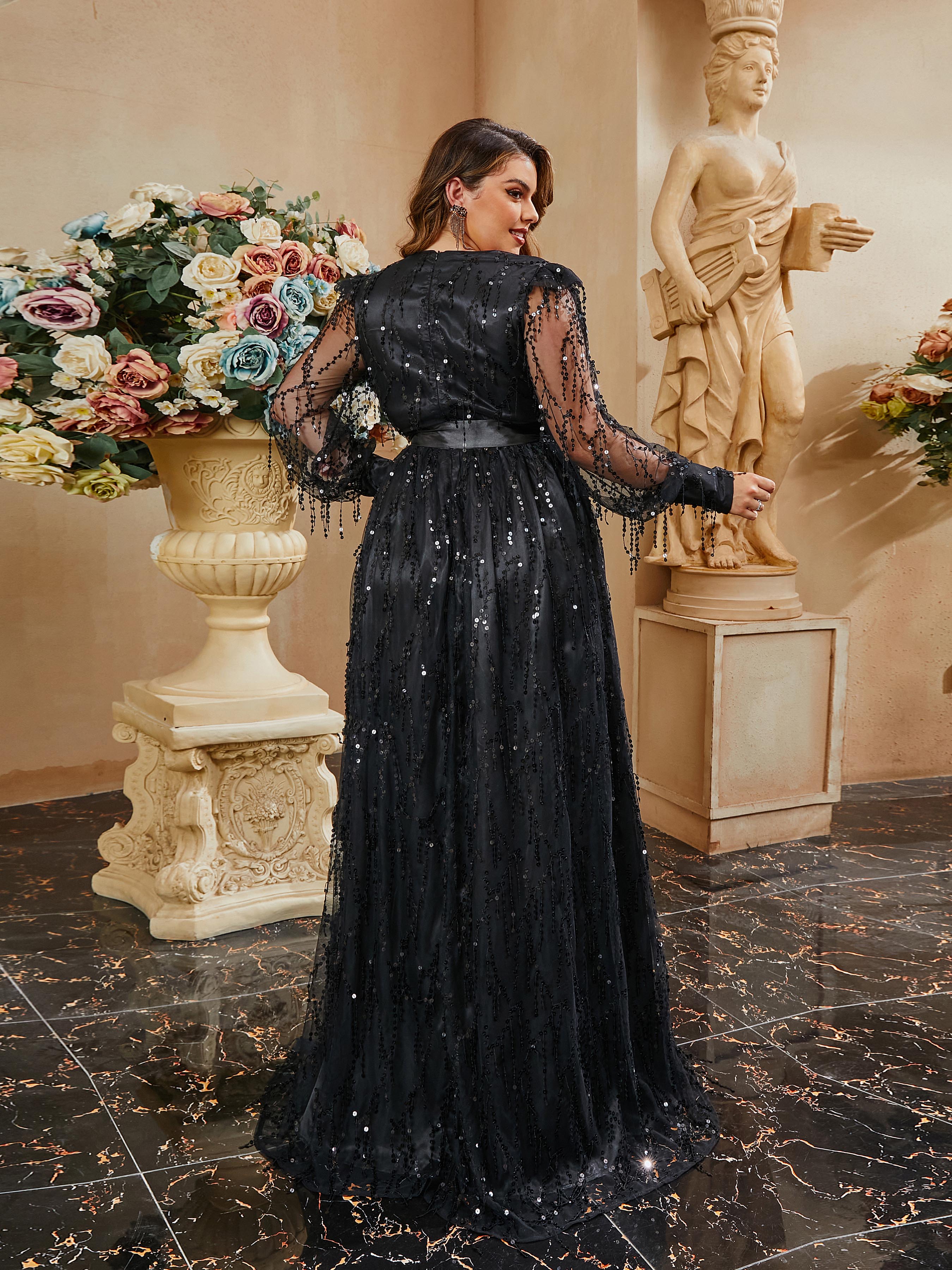 Plus Size Fringed Sequin Black Bowknot Prom Dress