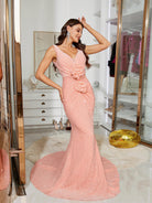 MISSORD V-neck Sleeveless Appliqued Mermaid Pink Evening Dress