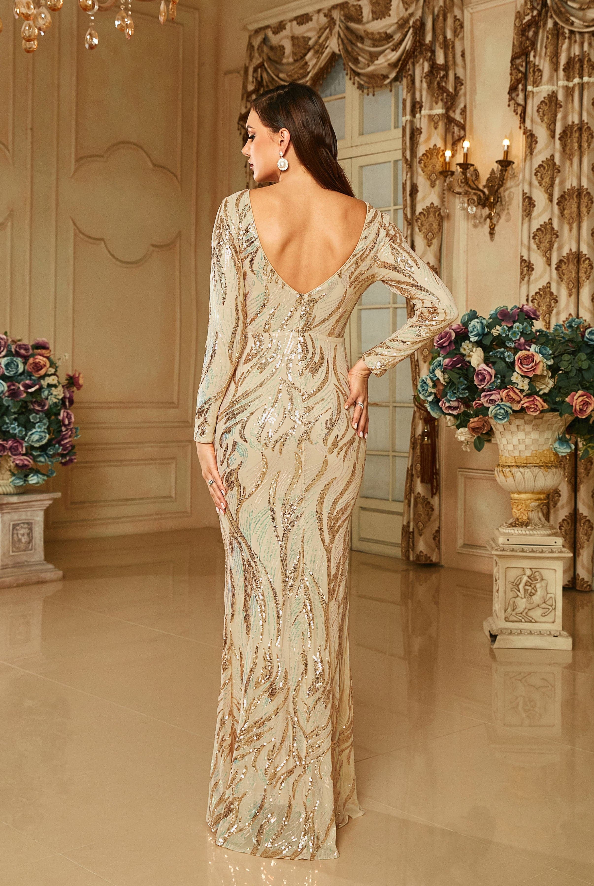 V-neck Backless Mermaid Sequin Apricot Evening Dress RM20649