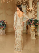 V-neck Backless Mermaid Sequin Apricot Evening Dress RM20649