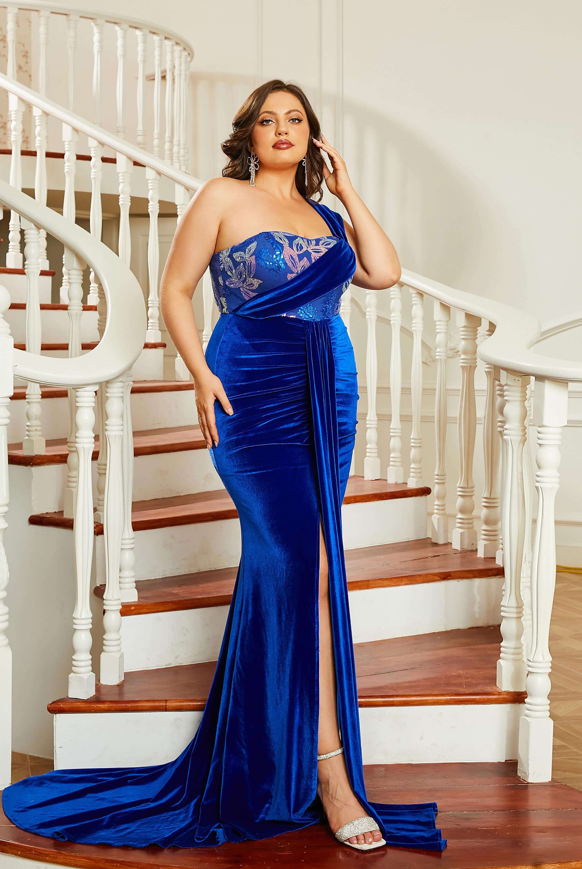 Plus Size Draped Royal Blue Velvet Mermaid Evening Dress PJMT1067