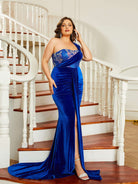 Plus Size Draped Royal Blue Velvet Mermaid Evening Dress PJMT1067