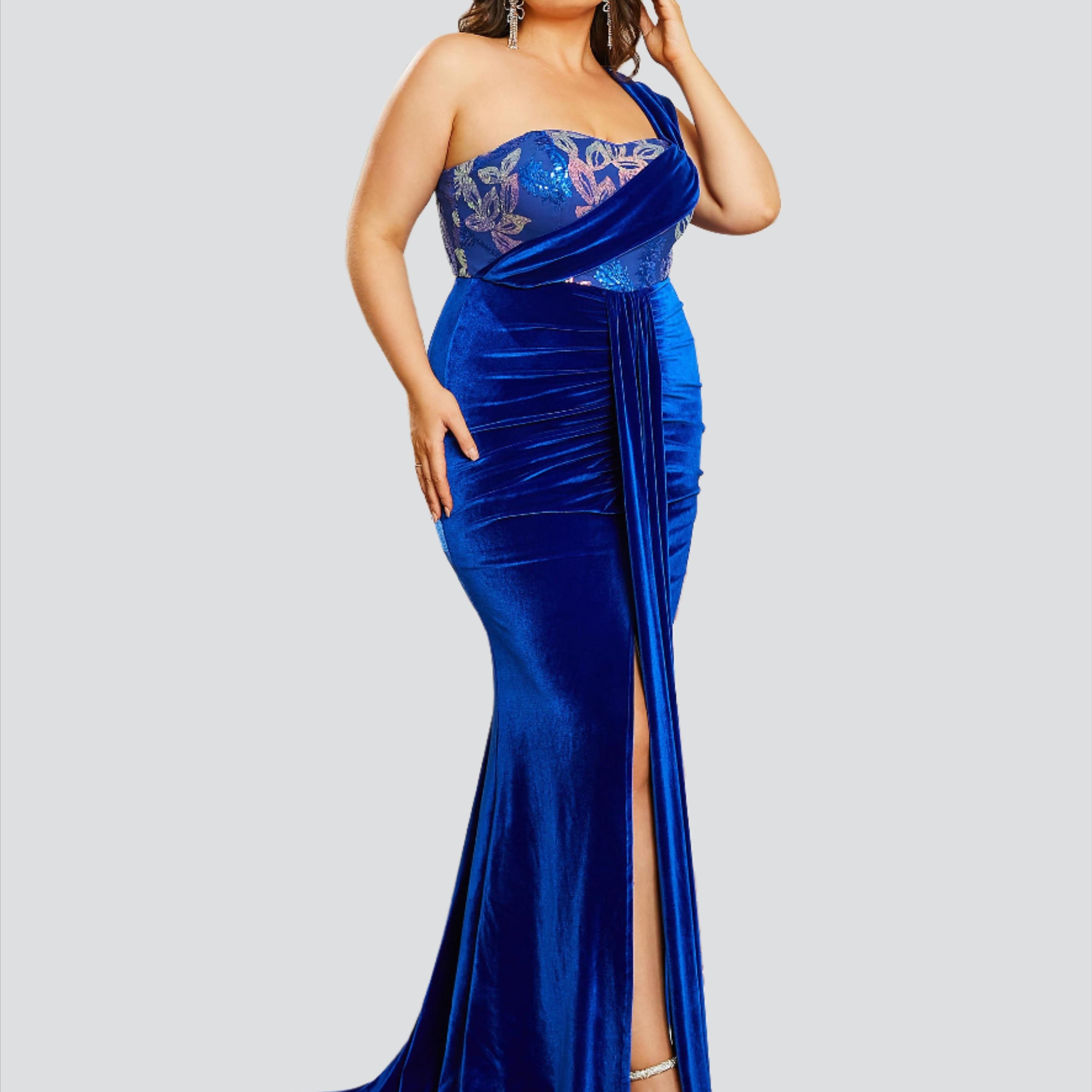 Plus Size Draped Royal Blue Velvet Mermaid Evening Dress