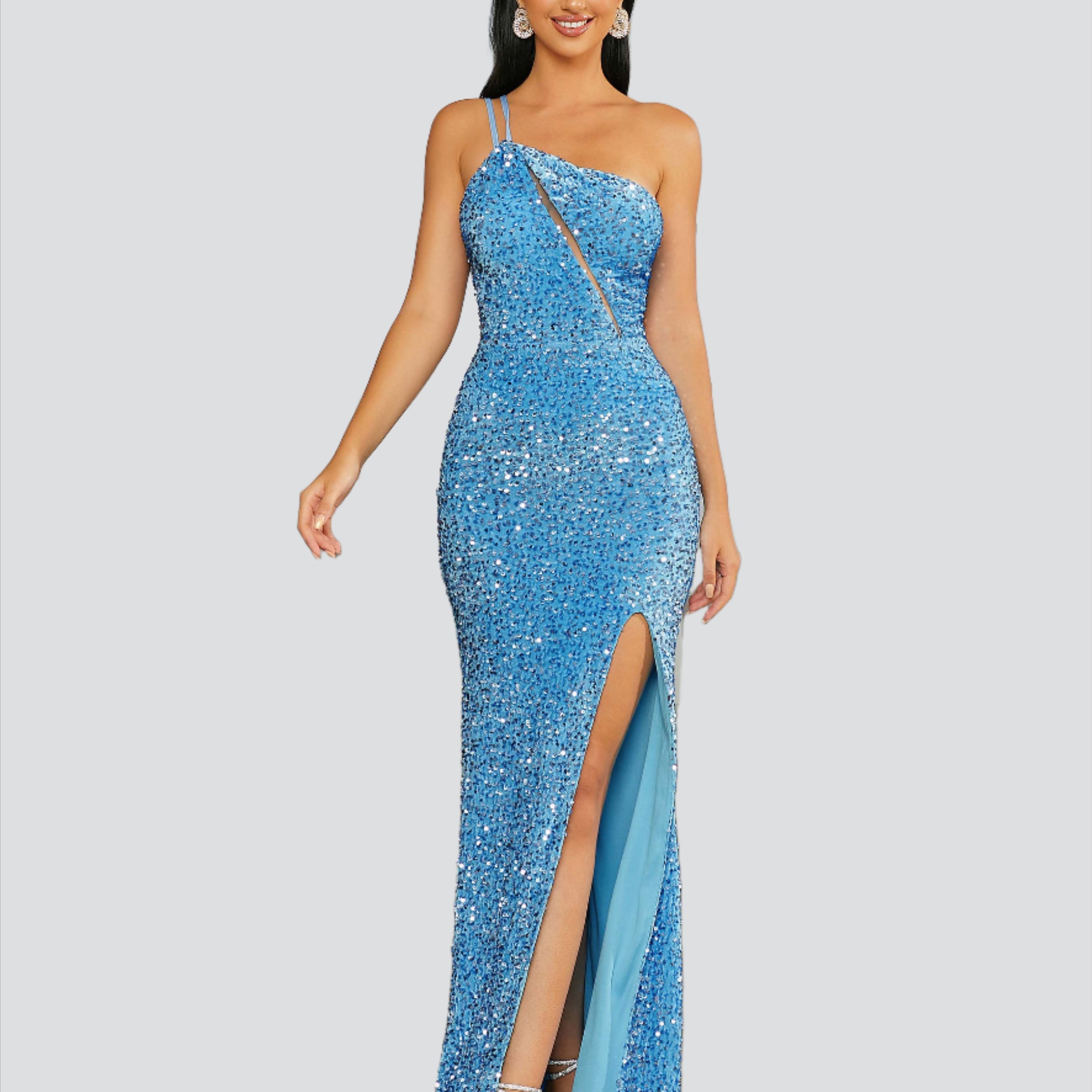 High Split Cutout Blue Sequin Prom Dress RA60024