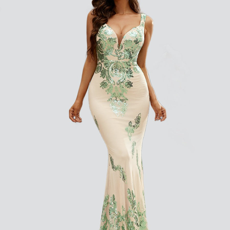 MISSORD V-neck Sleeveless Mermaid Sequin Gown Dress