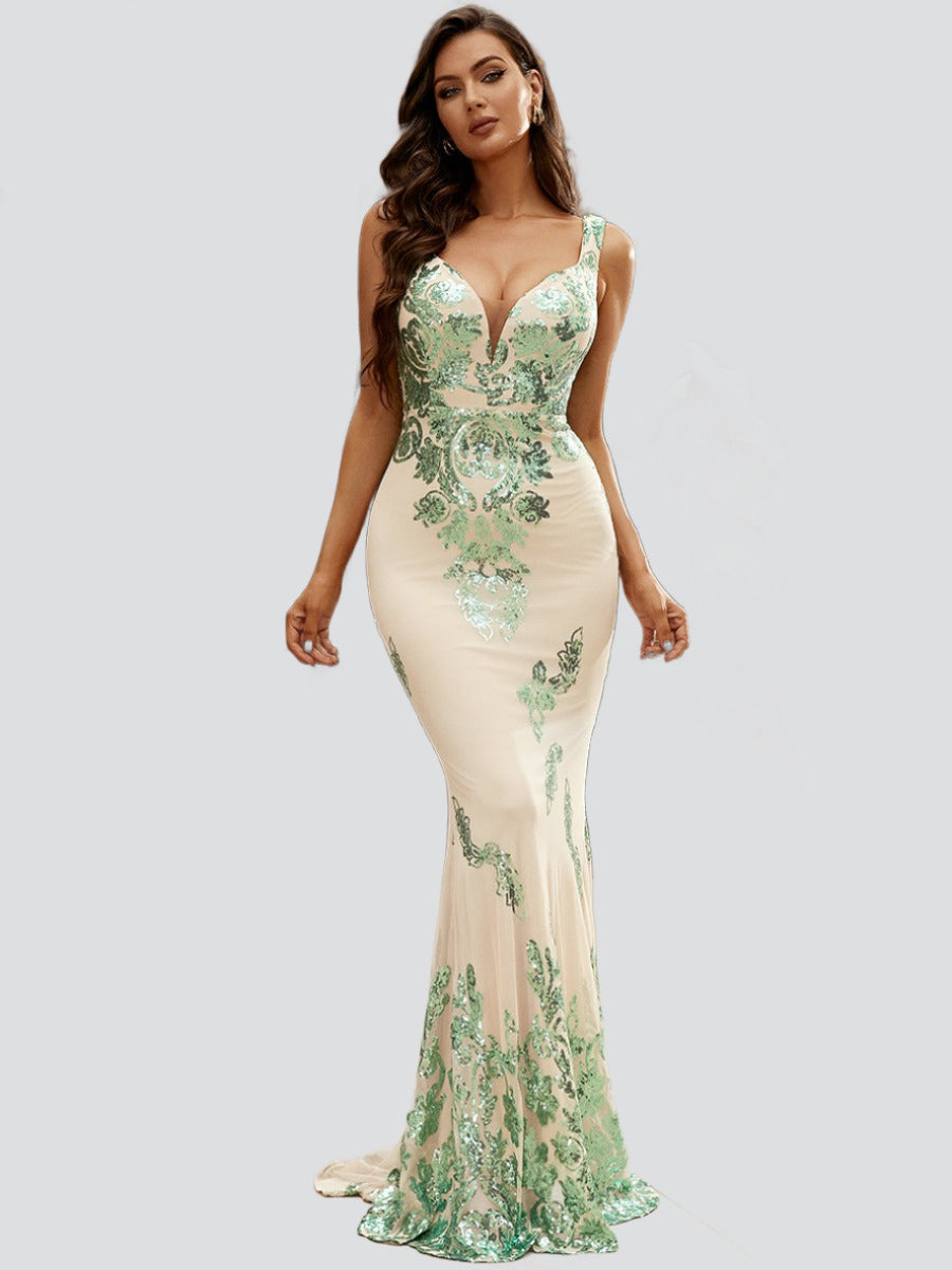 MISSORD V-neck Sleeveless Mermaid Sequin Gown Dress