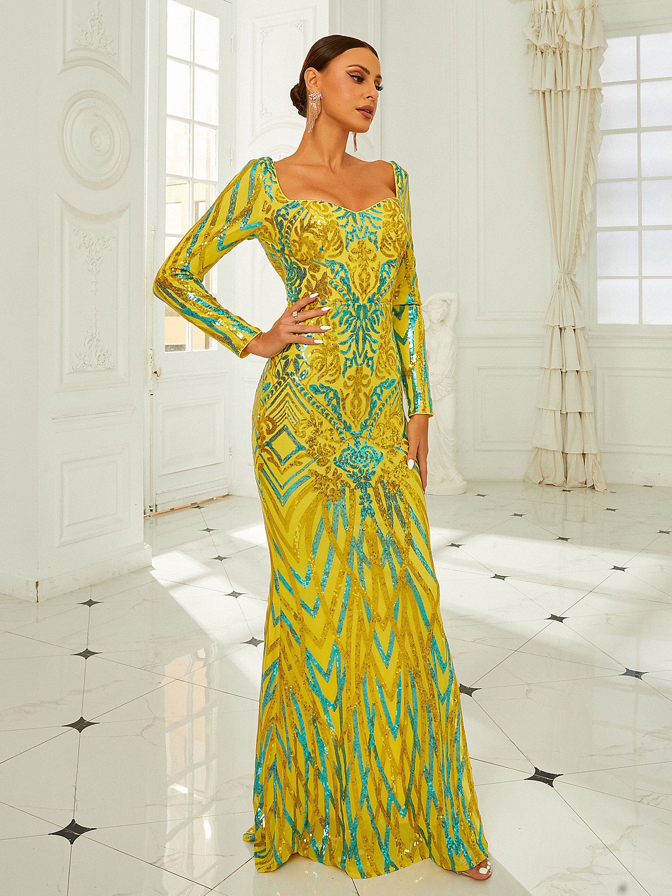 Formal Open Back Contrast Sequin Yellow Evening Dress RY40105