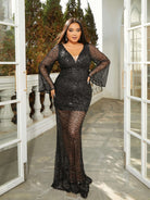 MISSORD Plus Size Sexy Bell Sleeve Black Sequin Prom Dress