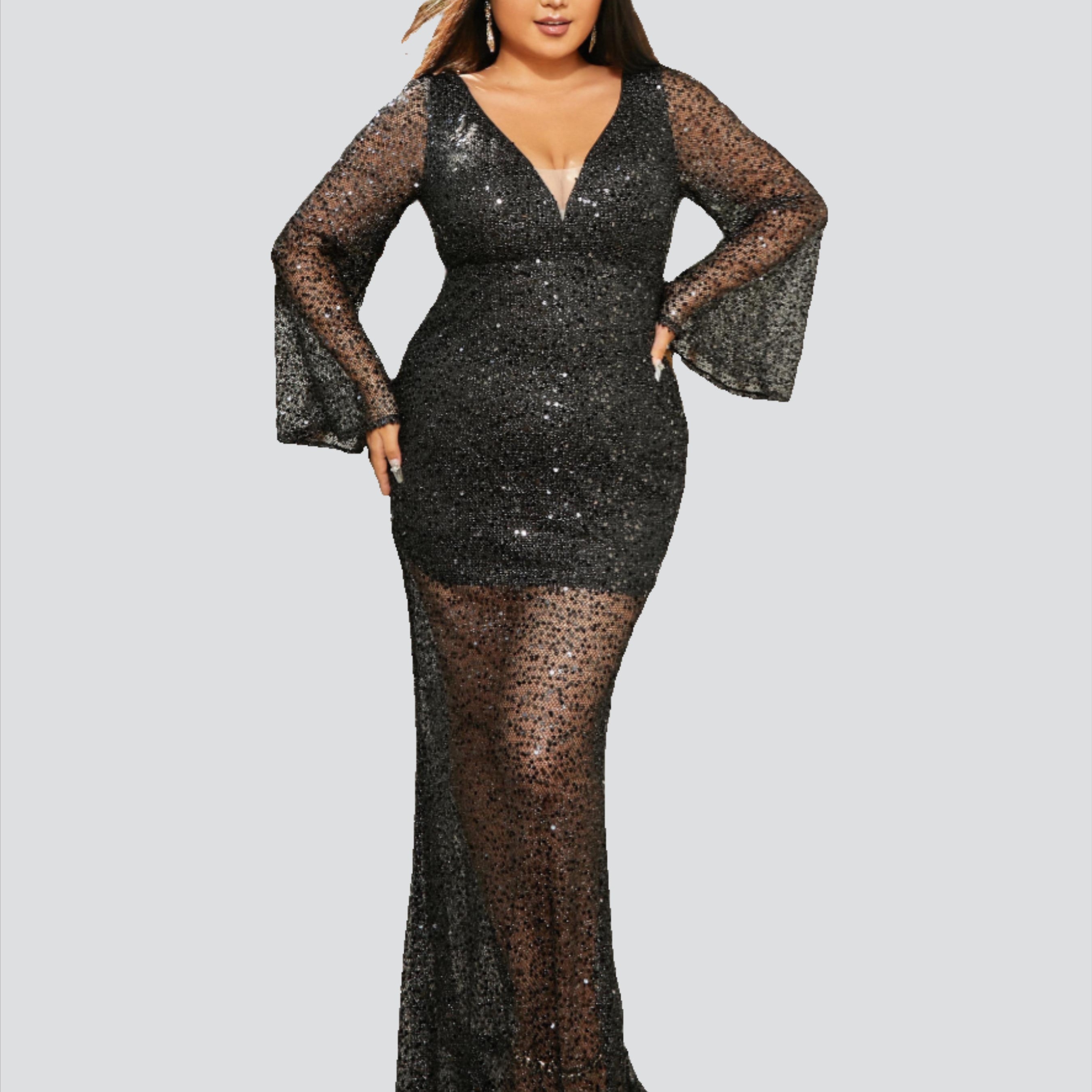 Plus Size Sexy Bell Sleeve Black Sequin Prom Dress