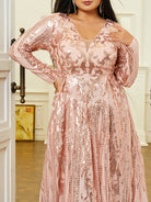 MISSORD Plus Size V-neck Long Sleeve Rosegold Sequin Prom Dress