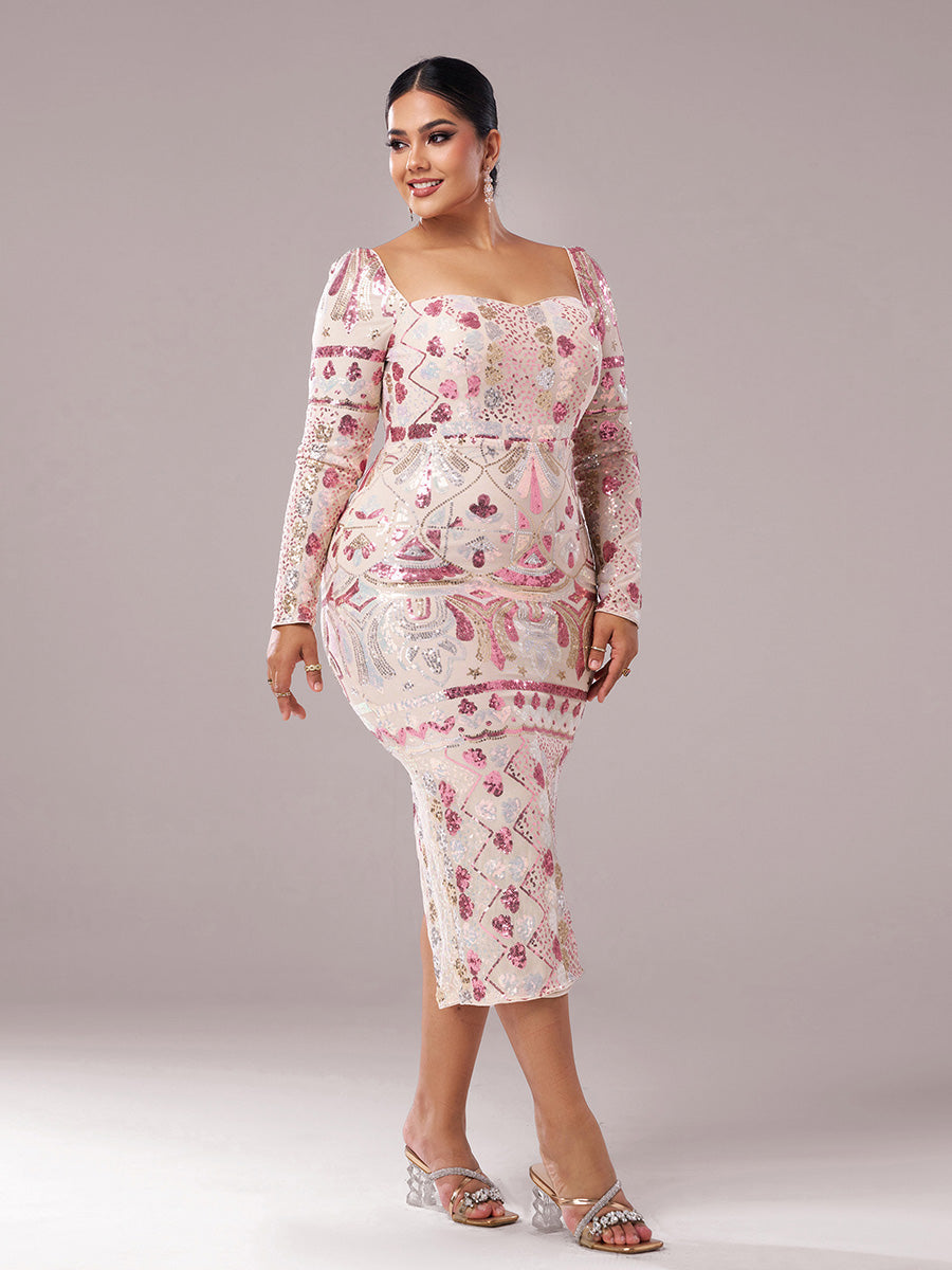 Plus Square Neck Sequin Split Midi Dress PRM20830 - MISS ORD