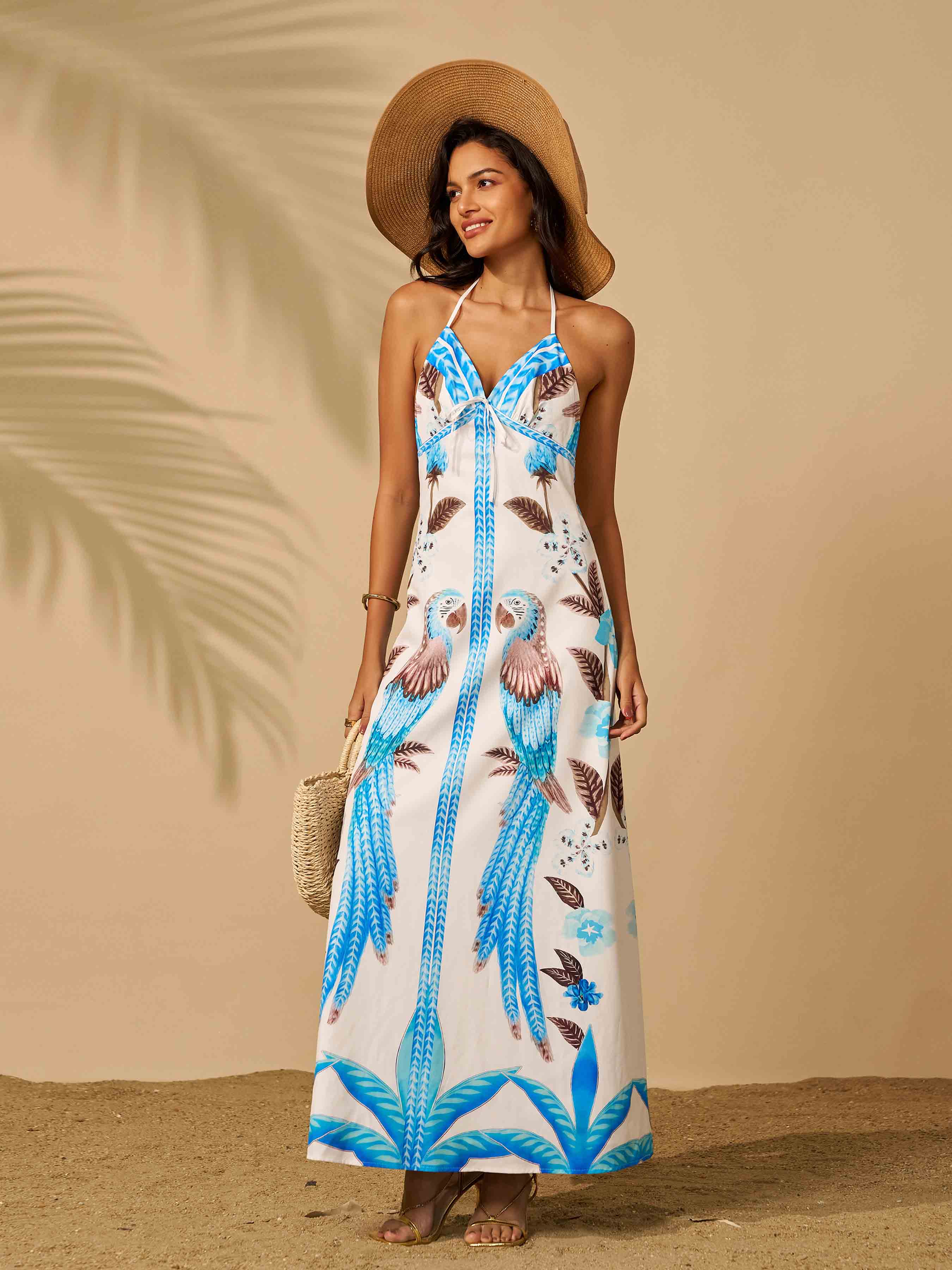 Blue Parrot Halter Backless Vacation Dress RX70478 MISS ORD Blue Parrot Halter Backless Vacation Dress RX70478 MISS ORD