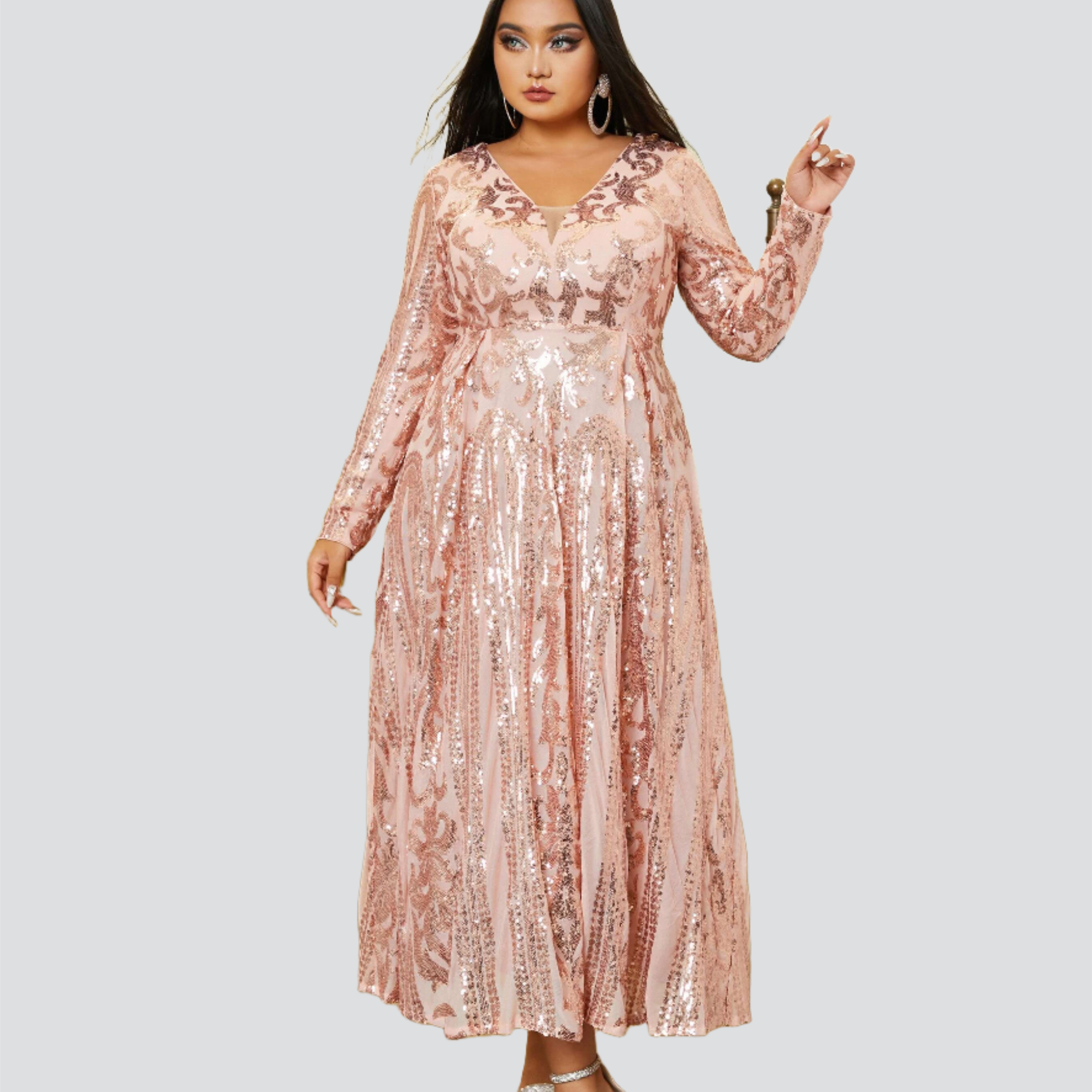 Plus Size V-neck Long Sleeve Rosegold Sequin Prom Dress