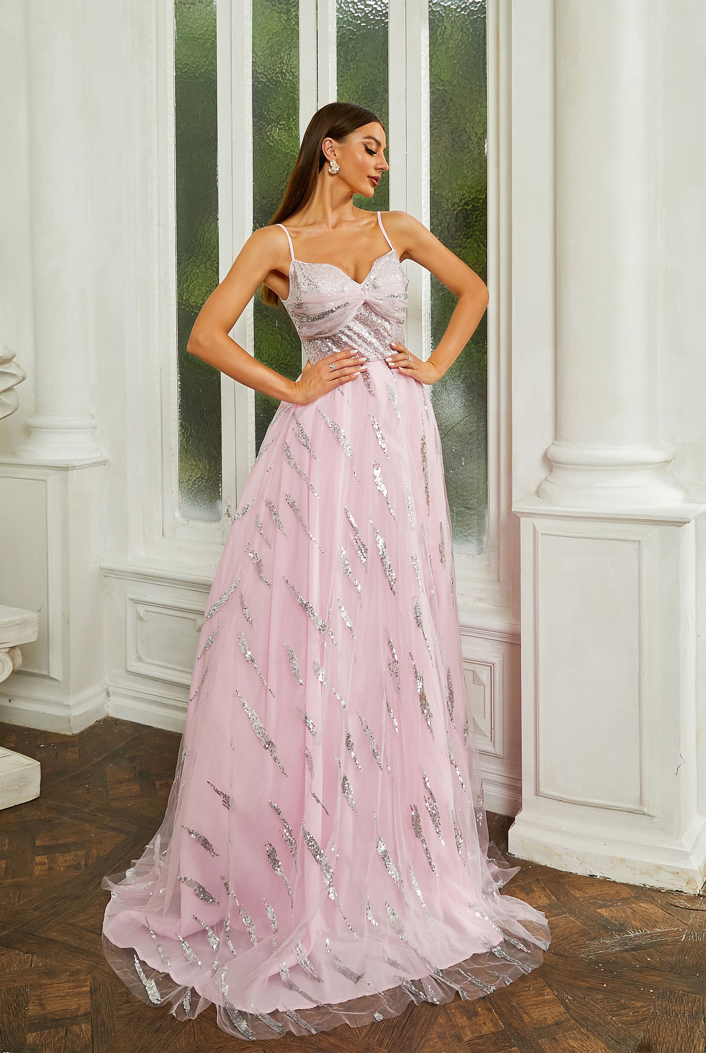 Spaghetti Straps Panel Tulle Sequin Prom Dress M02306
