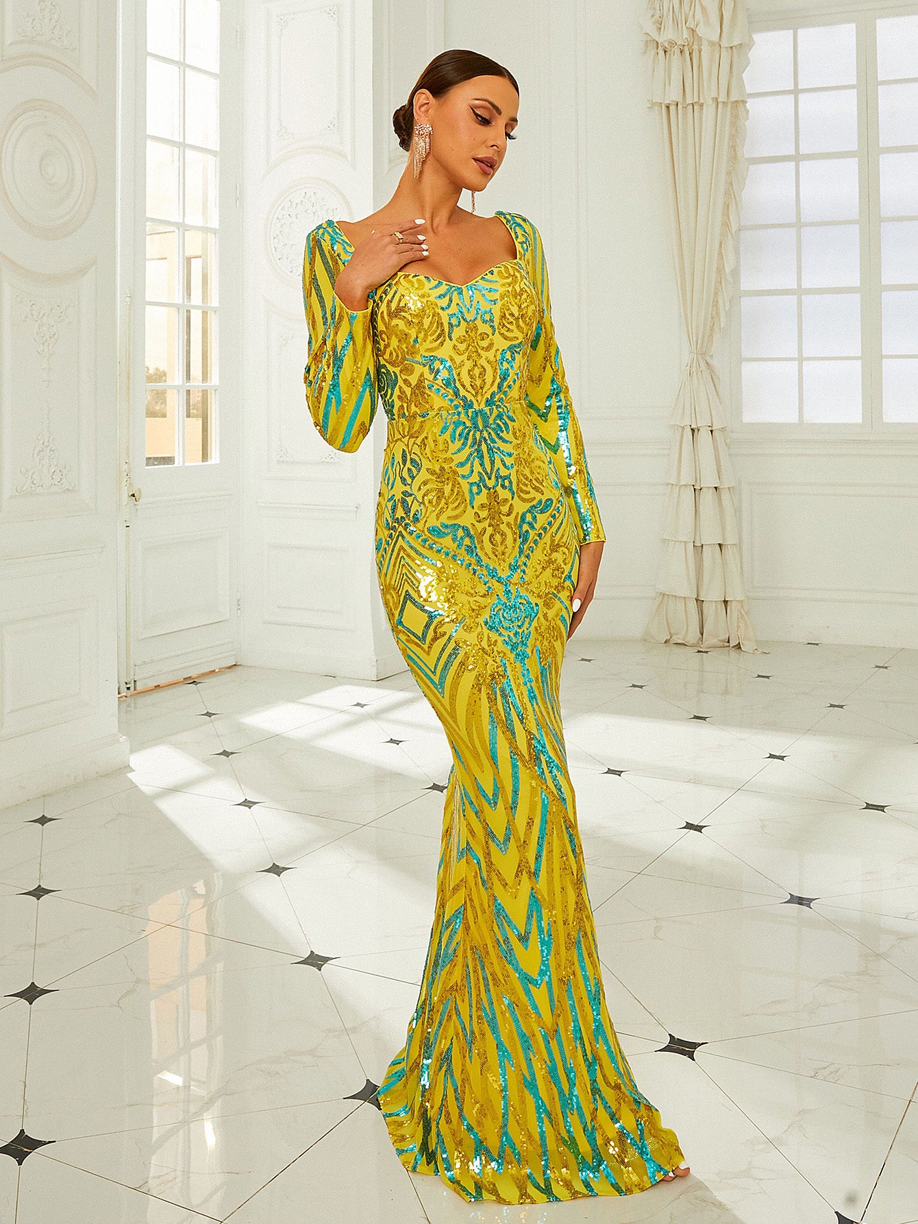 Formal Open Back Contrast Sequin Yellow Evening Dress RY40105