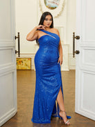 MISSORD Plus Size Cutout One Shoulder Sequin Blue Prom Dress