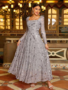 MISSORD Square Neck A-line Print Sequin Grey Prom Dress