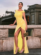 MISSORD Sleeveless Yellow Sequin High Split Dress