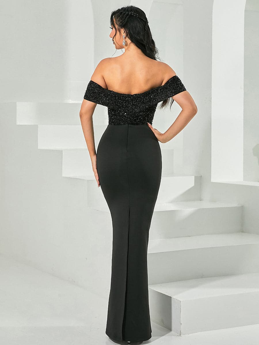 Off Shoulder Sequins Panel Black Evening Dress
