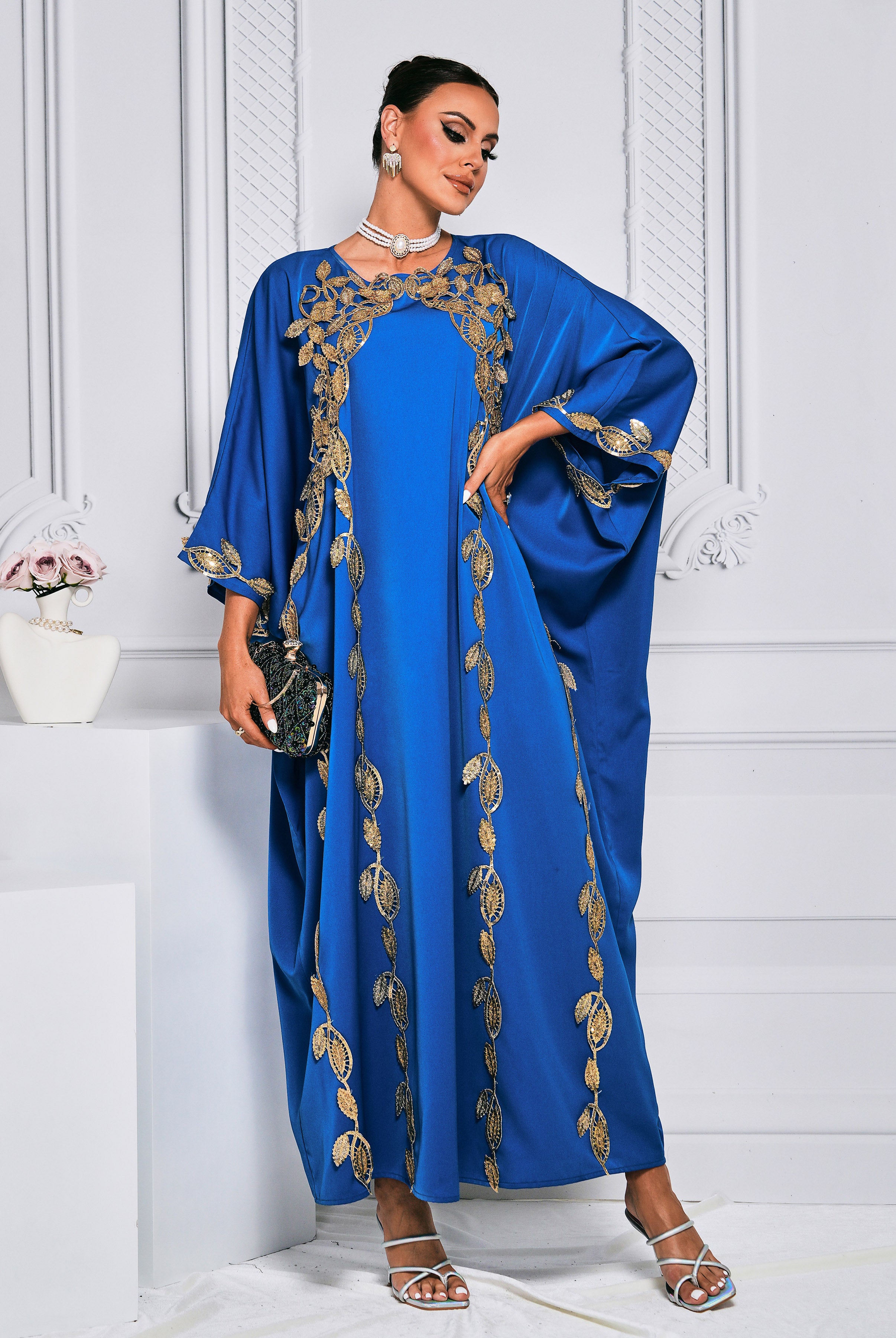 MISSORD Bat Cape Embroidered Applique Muslim Dress