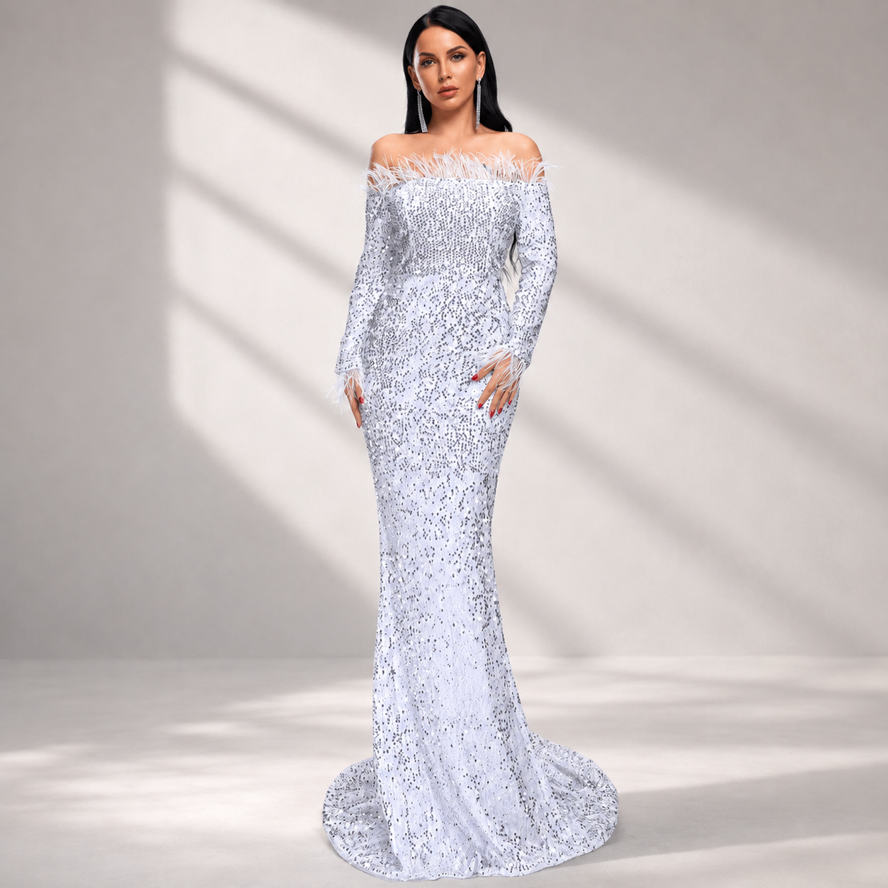 Off Shoulder Feather Sequin Evening Dress FT19005