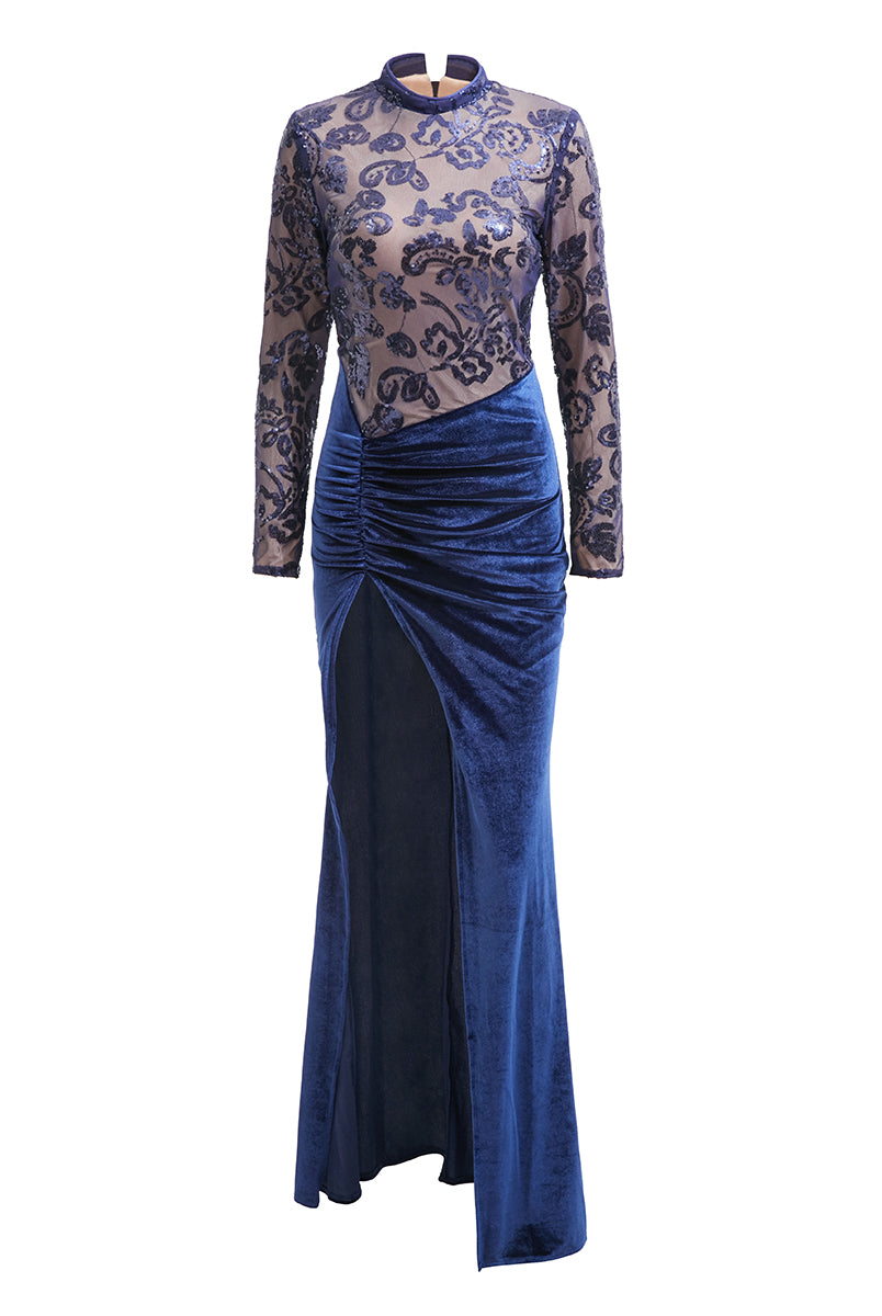 Stand Collar Long Sleeve Blue Velvet Evening Dress RJ10490