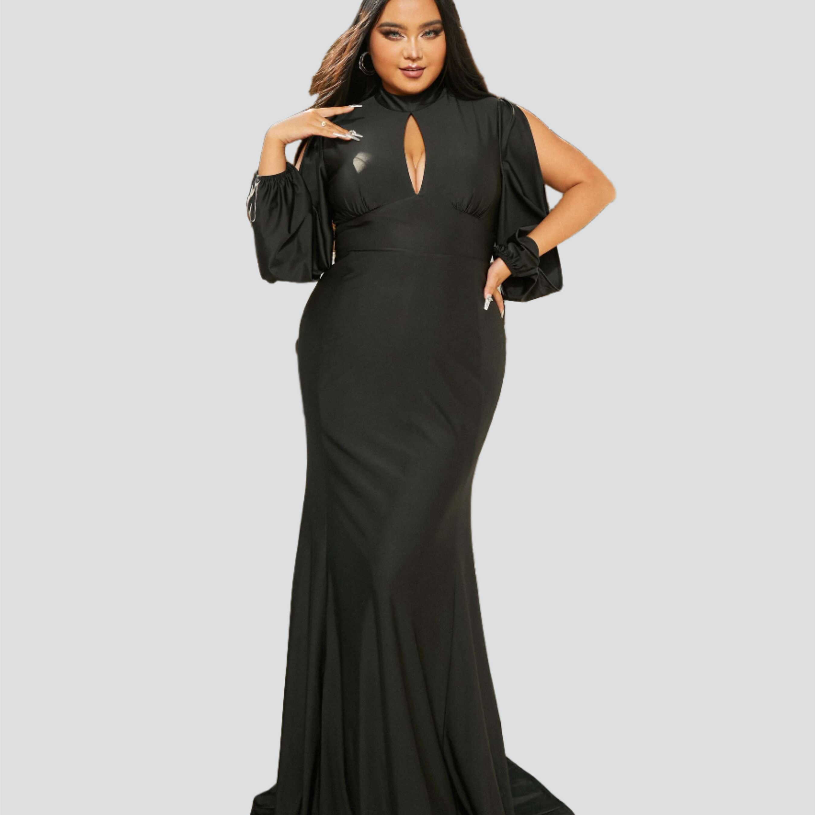Plus Stand Collar Cutout Mermaid Black Dress PRM21020