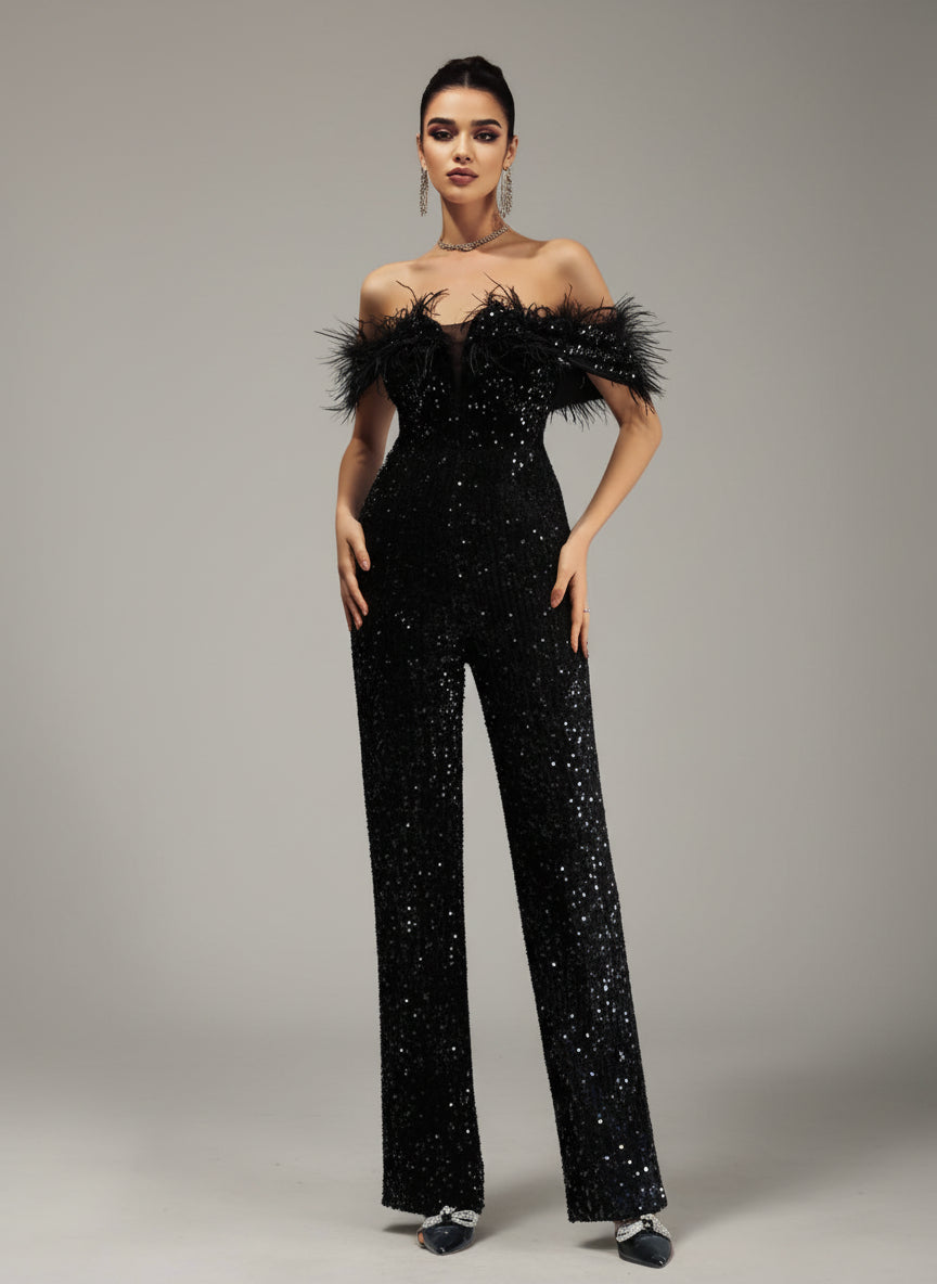 Off Shoulder Feather Jumpsuits M02251 - MISS ORD