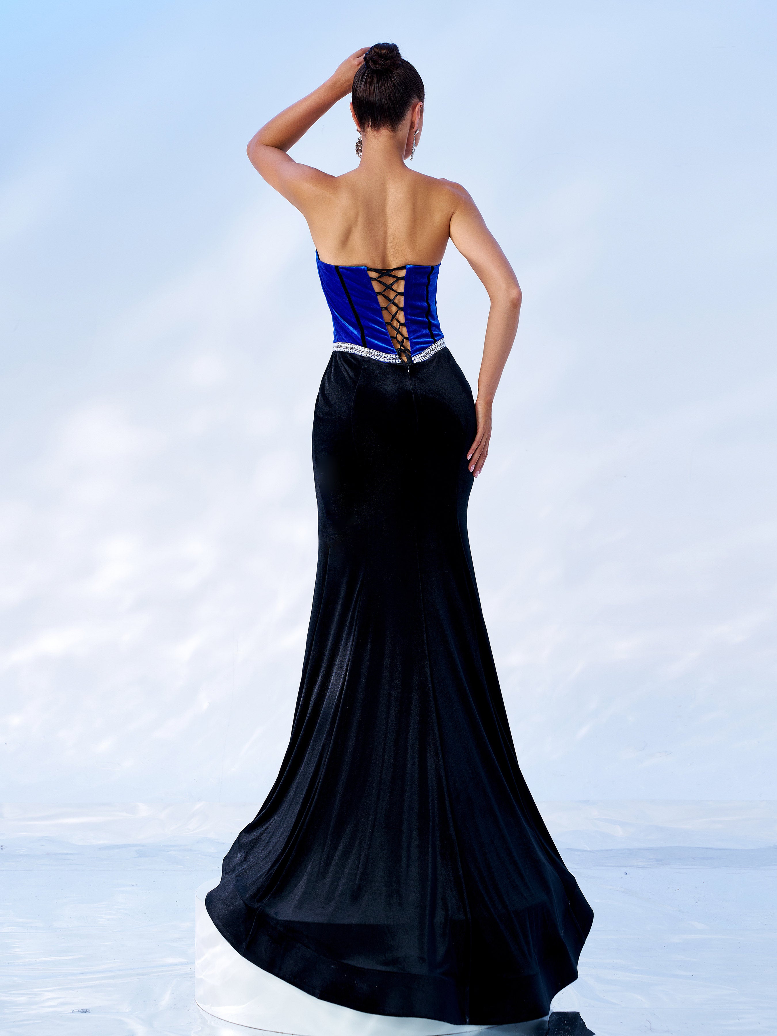 Tie Back Velvet Strapless Formal Dress DH80140