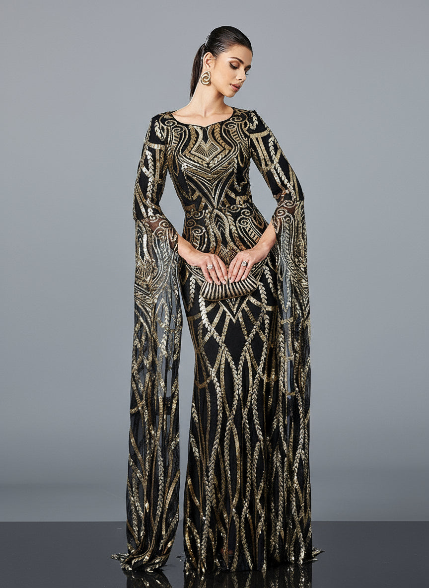 Luxury Geometric Sequin Long Sleeve Formal Dress DH80402 - Black / S Luxury Geometric Sequin Long Sleeve Formal Dress DH80402 - Black / S