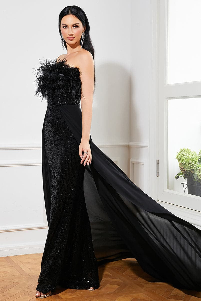 Feather Draped Sequin Formal Dress RJ10034