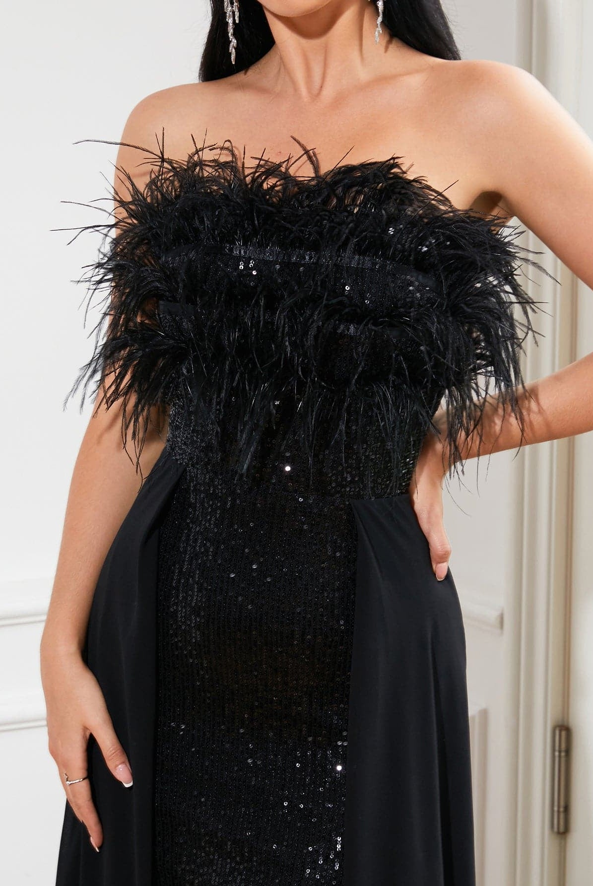 Feather Draped Sequin Formal Dress RJ10034