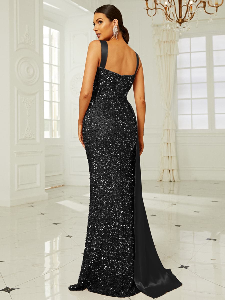 Elegant High Waist Ribbon Sequin Maxi Prom Dress XH2162
