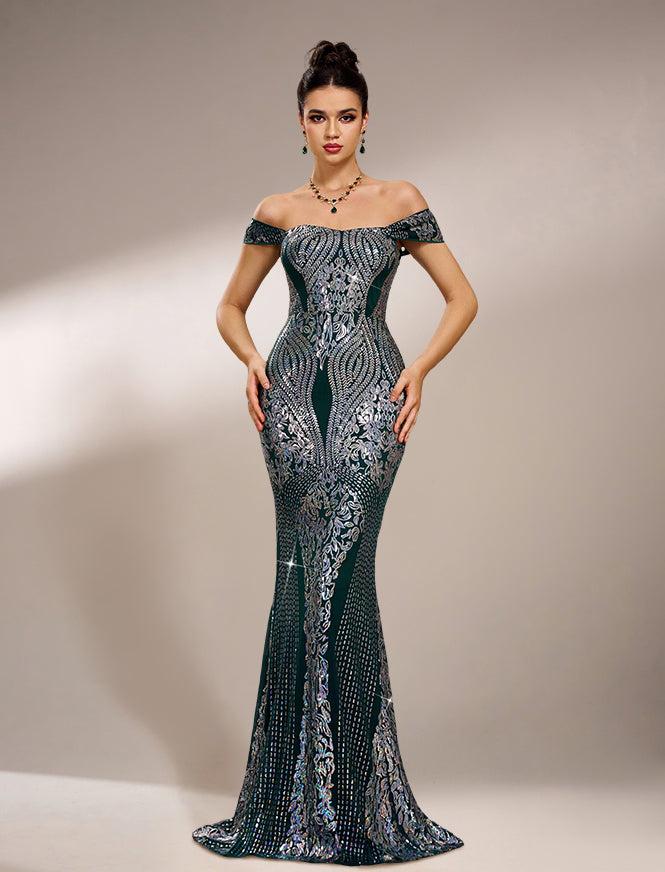 Green Sequin Off Shoulder Graphic Evening Dress GM00774 MISS ORD Green Sequin Off Shoulder Graphic Evening Dress GM00774 MISS ORD