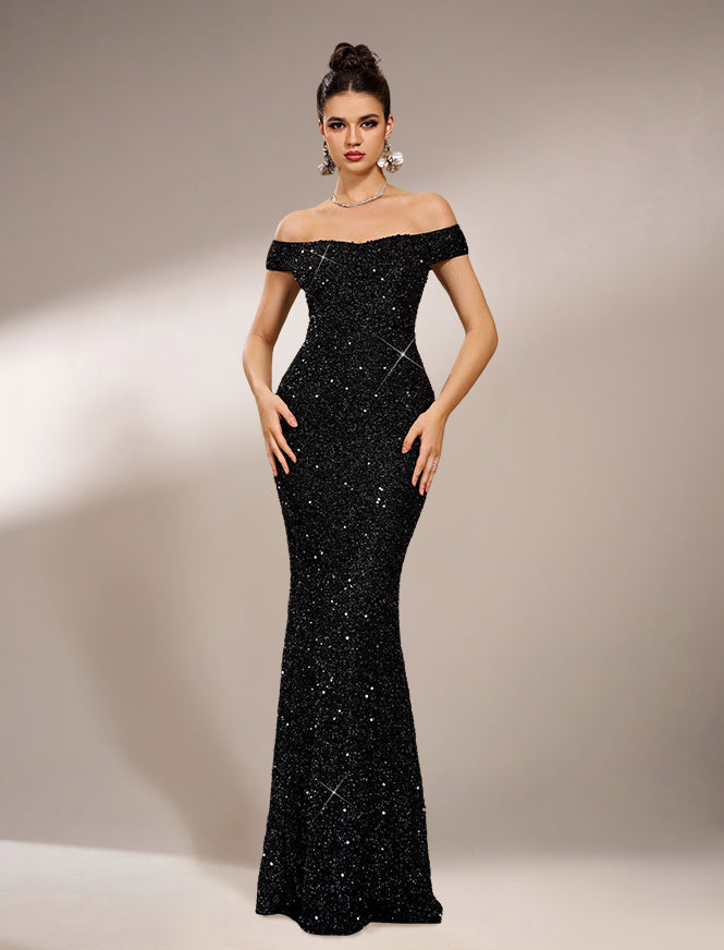 Black Off Shoulder Sequin Mermaid Cocktail Dress GM00857