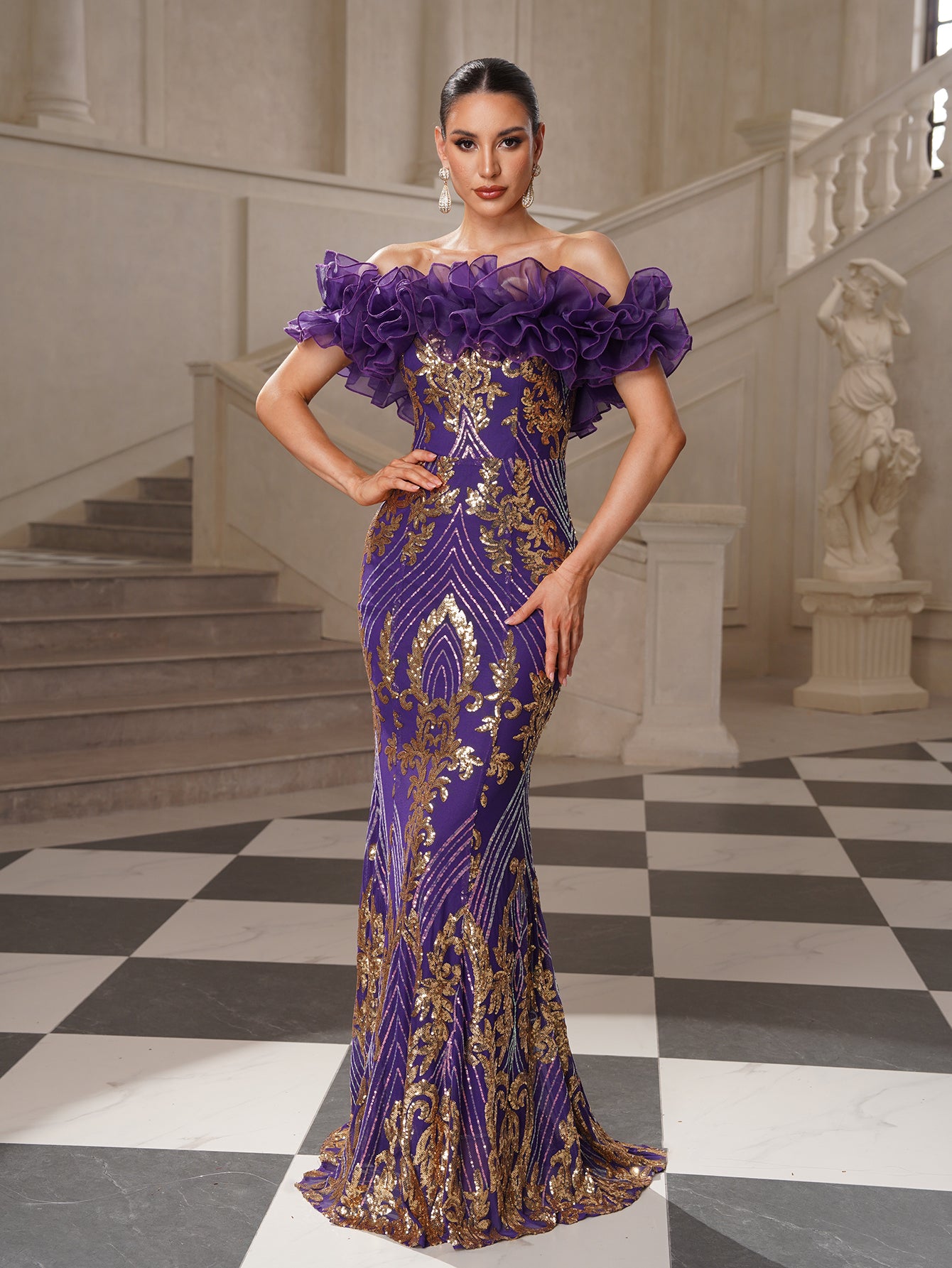 Ruffle-Shoulder Mermaid Sequin Evening Dress GM010137