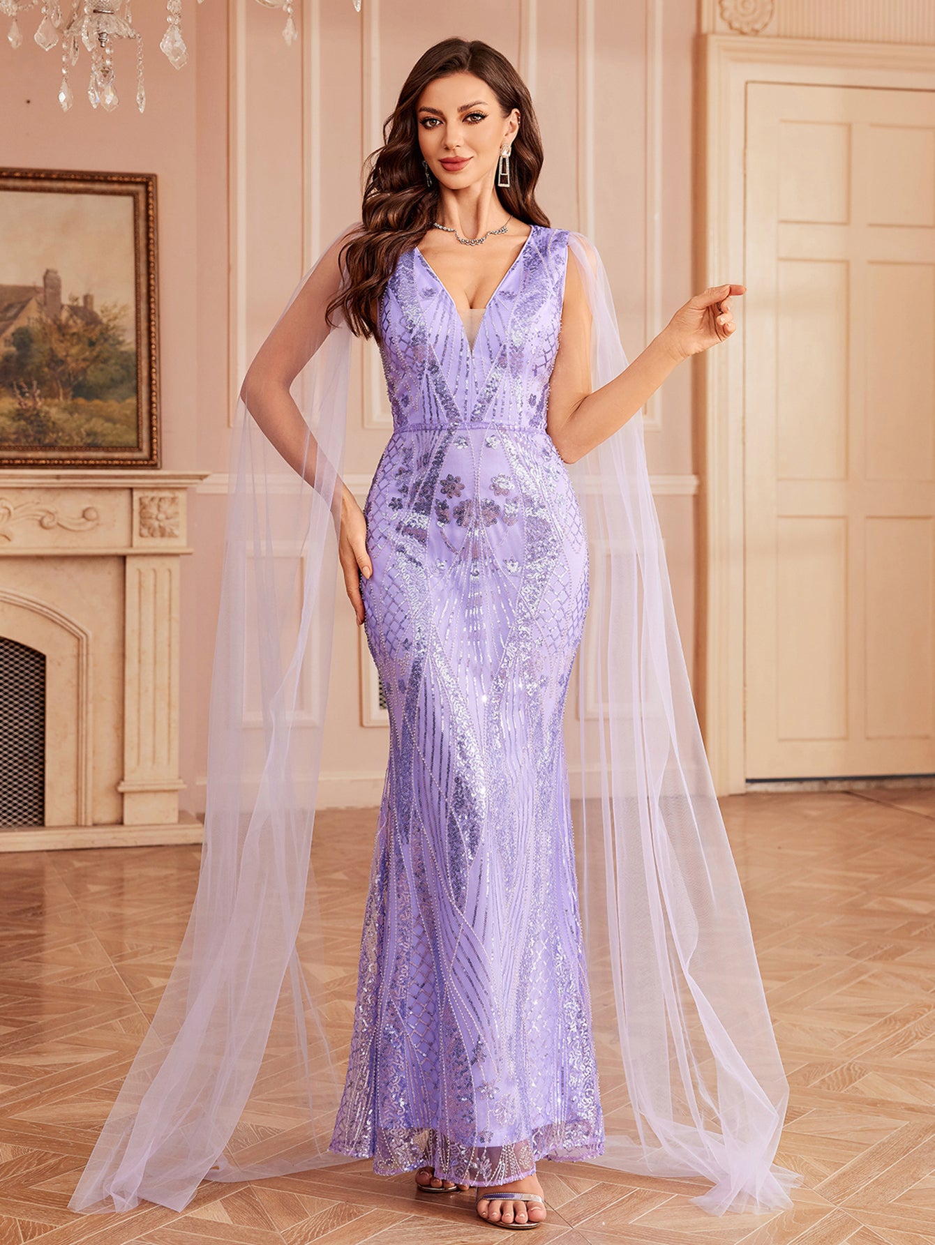 Lavander Sequin V-neck Mesh Evening Dress GM010155 - Purple / L Lavander Sequin V-neck Mesh Evening Dress GM010155 - Purple / L