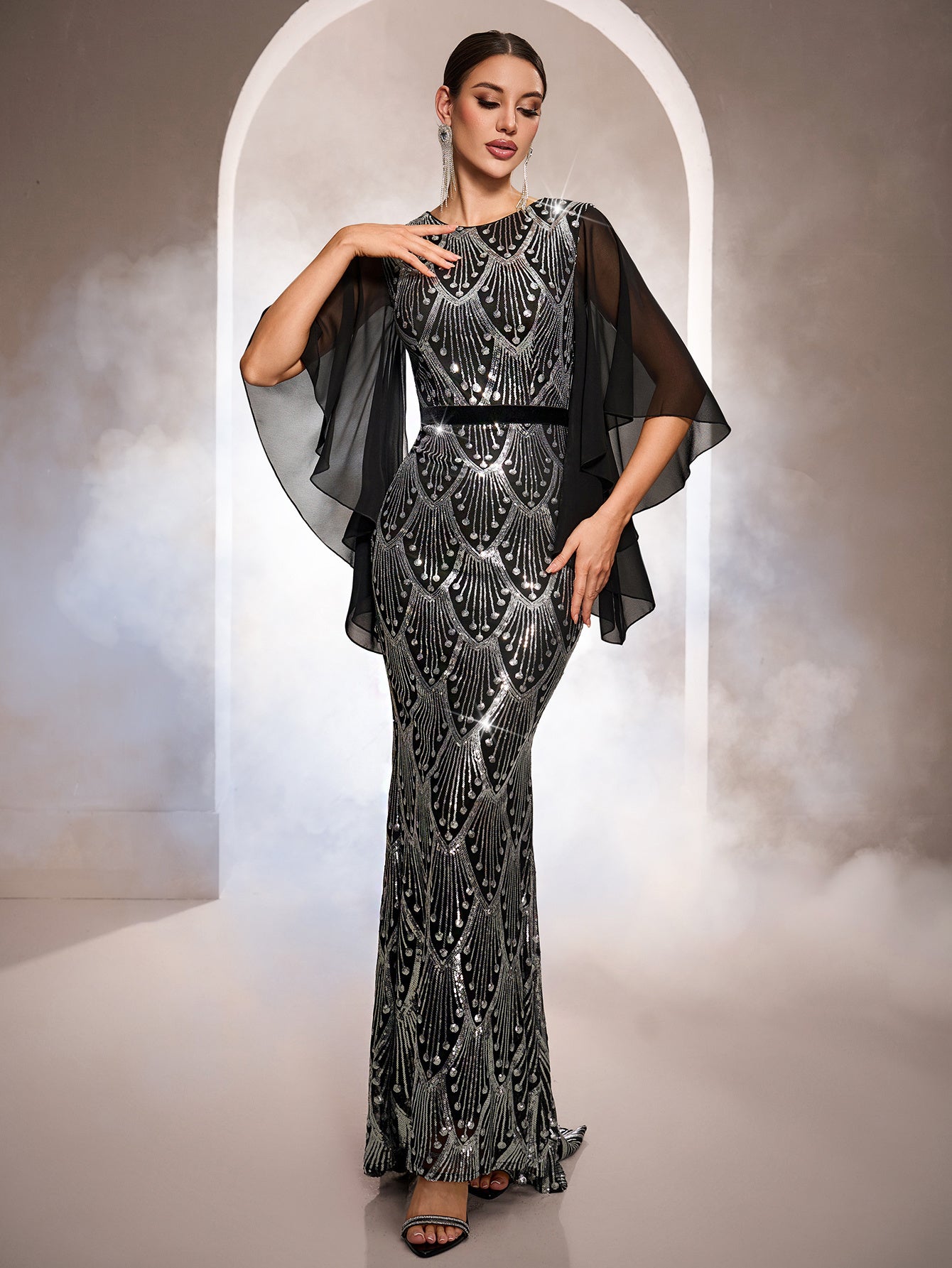 flowy dress with cape Burgundy Chiffon Maxi Gown | Cape Sleeves Formal Dress