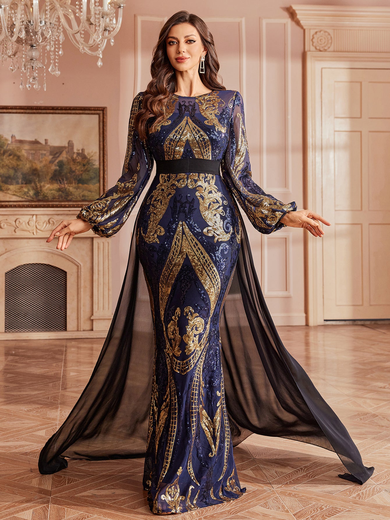 Baroque Sequin Sheer Cape Regal Formal Dress GM010197 - Blue / S Baroque Sequin Sheer Cape Regal Formal Dress GM010197 - Blue / S