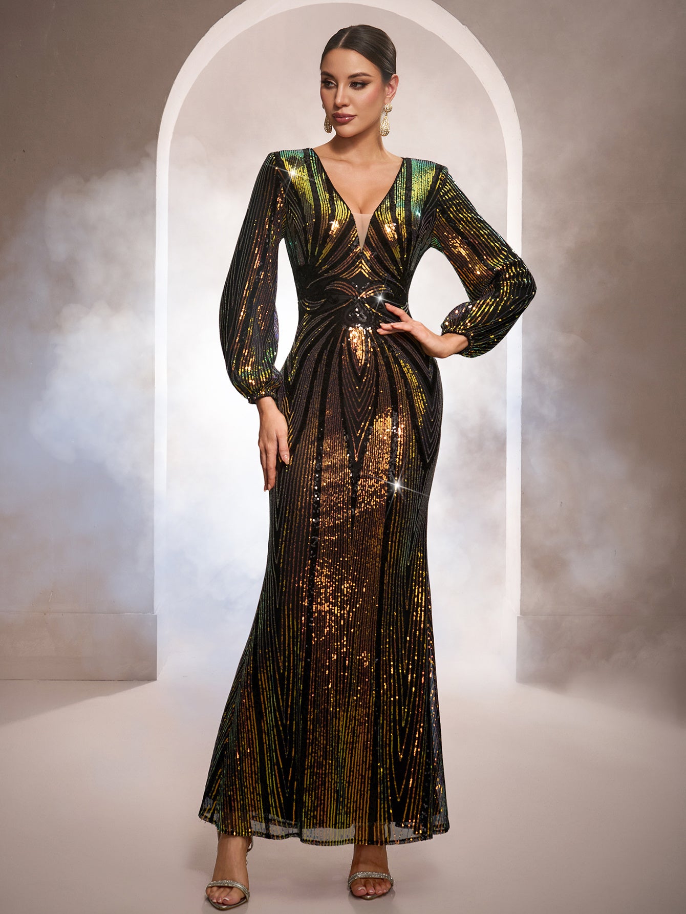 Black Iridescent Sequin Puff Sleeve Formal Dress GM0102 - Black / XL Black Iridescent Sequin Puff Sleeve Formal Dress GM0102 - Black / XL